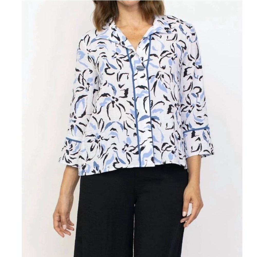 Habitat Hidden Placket Shirt Twilight Blue Floral Crinkle Top XL Art to Wear NEW